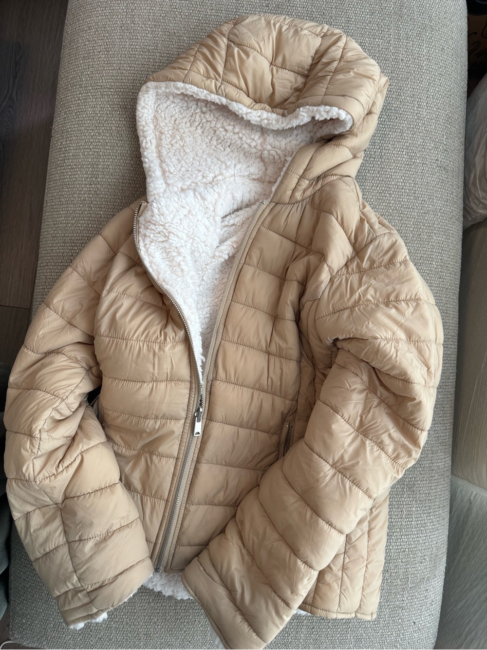 Love Tree Beige Hooded Sherpa-Lined Puffer Jacket